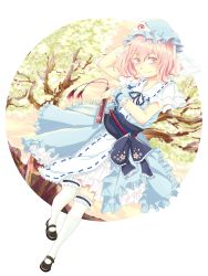 Rule 34 | 1girl, absurdres, adapted costume, breasts, female focus, folded fan, folding fan, hand fan, hat, highres, japanese clothes, mary janes, obi, pink eyes, pink hair, ribbon, saigyouji yuyuko, sash, shoes, short hair, short sleeves, siam (meow13), smile, thighhighs, touhou, tree, triangular headpiece, white thighhighs, wrist cuffs