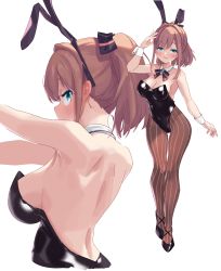 Rule 34 | 1girl, absurdres, animal ears, back, blue eyes, blush, breasts, brown hair, cleavage, detached collar, fake animal ears, from behind, hair ornament, highres, large breasts, leotard, looking at viewer, medium hair, multiple views, nijisanji, open mouth, pantyhose, playboy bunny, rabbit ears, shippitsu, simple background, sleeveless, smile, striped clothes, striped legwear, striped pantyhose, suzuhara lulu, upper body, vertical-striped clothes, vertical-striped pantyhose, virtual youtuber, white background, wrist cuffs, x hair ornament