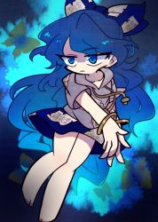 Rule 34 | 1girl, bangle, bare legs, barefoot, blue bow, blue eyes, blue hair, blue skirt, bow, bracelet, bug, butterfly, collarbone, expressionless, grey hoodie, hair bow, harunori (hrnrx), hood, hoodie, insect, jewelry, long hair, short sleeves, skirt, solo, touhou, yorigami shion