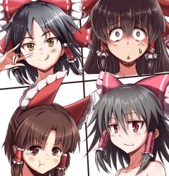 Rule 34 | 4girls, :p, :q, @ @, benikurage (cookie), black hair, blush, bow, brown hair, cookie (touhou), enperuto (yarumi), hair bow, hair tubes, hakurei reimu, kanna (cookie), looking at viewer, multiple girls, open mouth, pouty lips, red bow, red eyes, reu (cookie), sananana (cookie), smile, smirk, smug, tears, tongue, tongue out, touhou, triangle mouth, yellow eyes