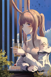 Rule 34 | 1girl, absurdres, amiya (arknights), animal ears, arknights, barcode, barcode tattoo, bare shoulders, bird, blue eyes, blue sky, brown hair, cake, closed mouth, cloud, commentary, cup, day, drinking straw, english commentary, food, highres, holding, holding cup, ita (itta), jacket, unworn jacket, jewelry, light particles, long hair, ponytail, rabbit ears, ring, sky, sleeveless, sleeveless sweater, solo, sweater, tattoo, upper body, wedding band, white jacket