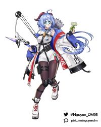 Rule 34 | 1girl, absurdres, ahoge, arknights, bare shoulders, black choker, black gloves, blue-tinted eyewear, blue-tinted glasses, blue hair, bow (weapon), brown pantyhose, choker, coat, compound bow, crossover, dm (nguyen dm95), dress, fingerless gloves, floating hair, flower, full body, ganyu (genshin impact), genshin impact, gloves, goat horns, goggles, harness, highres, holding, holding bow (weapon), holding weapon, horns, long hair, long sleeves, looking at viewer, low ponytail, off shoulder, open clothes, open coat, pantyhose, quiver, shoes, sleeveless, sleeveless dress, solo, strap, tinted eyewear, visor, weapon, white coat, white dress, white flower, white footwear, wide sleeves