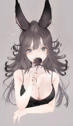 Rule 34 | 1girl, absurdres, animal ear fluff, bare shoulders, black eyes, black flower, black rose, breasts, brown background, brown hair, cleavage, collarbone, cropped torso, flower, grey background, highres, holding, holding flower, kisaragi yaya, large breasts, long hair, original, ponytail, rose, signature, simple background, smelling, solo, spaghetti strap, upper body