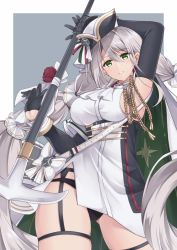 Rule 34 | 1girl, aiguillette, aquila (azur lane), arm up, arm warmers, armpits, ascot, azur lane, black gloves, black hat, black panties, black straps, bow, braid, breasts, cape, commentary, cowboy shot, dress, garter belt, gloves, green cape, green eyes, groin, hair between eyes, half gloves, hammer, hat, highres, holding, holding hammer, large breasts, long hair, looking at viewer, multi-tied hair, panties, panties over garter belt, parted lips, rei (09991), side slit, sidelocks, silver hair, simple background, skindentation, sleeveless, sleeveless dress, smile, solo, standing, thigh strap, tilted headwear, two-tone cape, underboob, underwear, very long hair, war hammer, weapon, white ascot, white bow, white dress, white hat, wrist cuffs