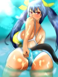 Rule 34 | 1girl, arc system works, ass, bare shoulders, blue hair, blush, breasts, dizzy (guilty gear), from behind, guilty gear, hair ribbon, huge ass, large breasts, leaning, leaning forward, long hair, looking at viewer, looking back, red eyes, ribbon, shiny clothes, shiny skin, sideboob, solo, swimsuit, tail, takashi, twintails, water, wet, wet clothes, wet hair