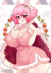 Rule 34 | 1girl, artist name, breasts, cape, christmas, cleavage, crush crush, curvy, elle (crush crush), food, frilled pillow, frills, fruit, highres, huge breasts, jewelry, licking lips, lingerie, looking at viewer, necklace, nightgown, osiimi, pillow, pink hair, red eyes, short hair, signature, smile, solo, strawberry, thick thighs, thighhighs, thighs, tongue, tongue out, underwear, watermark, web address, white thighhighs, wide hips