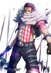 Rule 34 | 1boy, abs, arm tattoo, axe, bare pectorals, battle axe, belt, belt buckle, biceps, black gloves, black pants, black vest, blue belt, buckle, charlotte katakuri, chest tattoo, commentary request, covered mouth, fur trim, gloves, glowing, glowing eyes, highres, holding, kuria (clear trip second), looking at viewer, male focus, manly, muscular, one piece, open clothes, open vest, pants, pectorals, purple hair, red eyes, topless male, skull, skull belt, solo, spikes, standing, tattoo, vest, weapon, white background