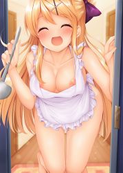 Rule 34 | 1girl, :d, ^ ^, apron, areola slip, bare shoulders, blonde hair, blurry, blurry background, blush, bow, breasts, cleavage, closed eyes, collarbone, commentary request, depth of field, door, facing viewer, frilled apron, frills, hair bow, hair bun, hair ornament, hairclip, highres, holding, kin-iro mosaic, kujou karen, ladle, large breasts, leaning forward, long hair, minato ojitan, naked apron, nipple slip, nipples, open mouth, purple bow, single hair bun, smile, solo, standing, standing on one leg, very long hair, white apron, wooden floor, x hair ornament