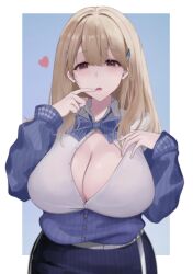 Rule 34 | 1girl, blonde hair, blue bow, blue bowtie, blue jacket, blush, bowtie, breasts, brown eyes, cleavage, collared shirt, finger to mouth, goddess of victory: nikke, hair intakes, hair ornament, heart, huge breasts, jacket, long hair, looking at viewer, off-shoulder jacket, off shoulder, parted lips, partially unbuttoned, pencil skirt, puffy sleeves, reyn 77a, shirt, skirt, solo, strap, tia (nikke), white shirt