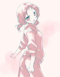 Rule 34 | 1girl, bad id, bad pixiv id, clenched hand, clenched hands, jacket, looking back, low twintails, monochrome, open mouth, pants, pink theme, saki (manga), simple background, sleeves pushed up, sleeves rolled up, solo, sweater, takei hisa, tokumi yuiko, track jacket, twintails