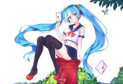 Rule 34 | 1girl, aqua eyes, blue hair, crop top, envelope, flower, hair flower, hair ornament, hatsune miku, long hair, looking at viewer, md5 mismatch, microskirt, midriff, navel, postbox, red footwear, school uniform, shoes, sitting, skirt, solo, thighhighs, twintails, very long hair, vocaloid, z shichao