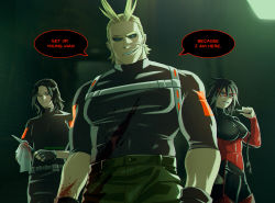 Rule 34 | 1girl, 2boys, all might, alternate costume, alternate universe, artist name, black pants, black sclera, black shirt, blonde hair, blood, blood on clothes, blue eyes, blurry, blurry background, boku no hero academia, breasts, colored sclera, commentary, dark persona, english commentary, eraser head (boku no hero academia), glasgow smile, green pants, highres, holding, holding weapon, large breasts, long sleeves, looking at viewer, male focus, medium hair, midnight (boku no hero academia), multiple boys, muscular, muscular male, one eye closed, pants, scar, scar across eye, scar on face, shiny clothes, shirt, trevo (trevoshere), weapon, whip, yagi toshinori