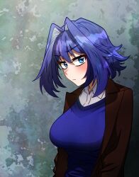 Rule 34 | 1girl, alternate costume, blue eyes, blue hair, blue sweater, breasts, brown coat, coat, ddolbang, expressionless, highres, hololive, hololive english, large breasts, looking at viewer, ouro kronii, sack, shirt, short hair, sidelocks, solo, sweater, upper body, virtual youtuber, white shirt