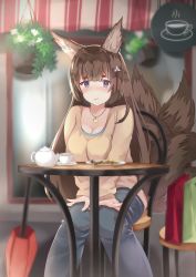 Rule 34 | 1girl, absurdres, amagi (azur lane), animal ears, awning, azur lane, bag, blue eyes, blue pants, blurry, blush, breasts, brown hair, brown shirt, cafe, casual, chair, checkerboard cookie, cleavage, closed umbrella, commentary, contemporary, cookie, cup, depth of field, feet out of frame, food, fox ears, fox tail, hair ornament, hands on lap, hanging plant, highres, jewelry, knees together feet apart, light smile, looking at viewer, medium breasts, multiple tails, necklace, pants, plant, plate, potted plant, red umbrella, saucer, shirt, shirt under shirt, shopping bag, sitting, solo, storefront, sylux, table, tail, teacup, teapot, thick eyebrows, umbrella, window