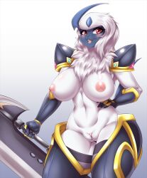 Rule 34 | absol, breasts, cleft of venus, creatures (company), furry, furry female, game freak, gen 3 pokemon, highres, holding, holding weapon, large breasts, mleonheart, nintendo, pokemon, weapon
