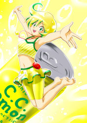 Rule 34 | 1girl, :d, absurdres, armpits, barefoot, bike shorts, blonde hair, buttons, c.c. lemon, can, drink can, feet, food, fruit, green eyes, green hair, highres, jewelry, jumping, lemon, looking at viewer, matching hair/eyes, multicolored hair, navel, necklace, open mouth, outstretched arms, short hair, skin tight, skirt, smile, soda can, soles, solo, suegorou (mousou tokkyuu), tank top, text focus, toes, translation request, two-tone hair