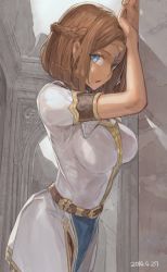 Rule 34 | 1girl, arms up, blue eyes, breasts, brown hair, large breasts, looking at viewer, open mouth, original, short hair, solo, toro (konirio)