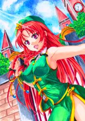 Rule 34 | 1girl, armpits, bad id, bad pixiv id, braid, clock, clock tower, female focus, hat, hong meiling, impossible clothes, impossible shirt, long hair, open mouth, pucchomokkyuri123, purple eyes, red hair, shirt, solo, touhou, tower, traditional media, twin braids