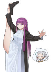 Rule 34 | 2girls, :&gt;, absurdres, arm up, balancing, bare legs, black coat, black footwear, blunt bangs, boots, breasts, chibi, chibi inset, clenched hands, coat, dress, earrings, elf, feet out of frame, fern (sousou no frieren), flexible, flying sweatdrops, frieren, grey hair, haje, half updo, hand on own foot, highres, jewelry, large breasts, leg hold, leg up, long hair, long sleeves, looking at another, looking away, looking up, multiple girls, o o, open clothes, open coat, outstretched arm, parted lips, pointy ears, purple eyes, purple hair, simple background, smile, solo focus, sousou no frieren, split, standing, standing on one leg, standing split, straight hair, stretching, tassel, tassel earrings, thighs, twintails, very long hair, white background, white dress