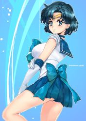 Rule 34 | 1girl, back bow, bishoujo senshi sailor moon, blue background, blue bow, blue choker, blue eyes, blue hair, blue sailor collar, blue skirt, bob cut, bow, breasts, choker, closed mouth, commentary request, earrings, elbow gloves, from side, gloves, hand on own arm, highres, jewelry, legs, leotard, looking at viewer, magical girl, miniskirt, mizuno ami, oyaman, pleated skirt, sailor collar, sailor mercury, sailor senshi uniform, short hair, skirt, sleeveless, smile, solo, standing, stud earrings, tiara, twitter username, upskirt, white gloves, white leotard