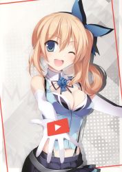 Rule 34 | 1girl, absurdres, bare shoulders, black skirt, blue bow, blue eyes, blush, bow, breasts, cleavage, cleavage cutout, clothing cutout, elbow gloves, gloves, hair bow, hands up, highres, karory, long hair, looking at viewer, medium breasts, midriff, mirai akari, mirai akari project, navel, one eye closed, open mouth, ponytail, scan, shiny skin, side ponytail, simple background, skirt, smile, solo, suspenders, virtual youtuber, white gloves