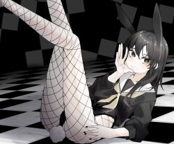 Rule 34 | 1girl, absurdres, animal ears, arm support, black hair, black leotard, black nails, black shirt, checkered floor, closed mouth, commentary, feet out of frame, fishnets, highres, ka keo, legs up, leotard, long hair, looking at viewer, lying, mole, mole on ass, nail polish, neckerchief, on back, original, pantyhose, playboy bunny, rabbit ears, rabbit girl, rabbit tail, sailor collar, school uniform, serafuku, shirt, sidelocks, solo, symbol-only commentary, tail, tile floor, tiles, white sailor collar, yellow eyes, yellow neckerchief