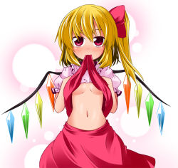 Rule 34 | 1girl, blonde hair, blush, bow, breasts, chibi, clothes in mouth, clothes lift, embodiment of scarlet devil, female focus, flandre scarlet, hair bow, hair ribbon, hands on own chest, ichimi, midriff, mouth hold, navel, no headwear, red eyes, ribbon, shirt, shirt in mouth, shirt lift, side ponytail, skirt, skirt set, small breasts, solo, touhou, underboob, wings
