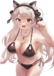 Rule 34 | 1girl, animal ears, bikini, black bikini, blush, breasts, brown eyes, cat ears, cleavage, collarbone, conte di cavour (kancolle), cowboy shot, fake animal ears, grey hair, highres, kantai collection, large breasts, long hair, looking at viewer, navel, open mouth, simple background, smile, solo, swimsuit, toka (marchlizard), white background