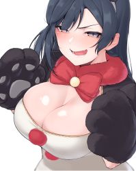 Rule 34 | 1girl, :d, animal hands, black hair, blush, bow, bowtie, breasts, cleavage, exciting animal (love live!), fang, fur collar, gloves, hairband, highres, large breasts, long hair, looking at viewer, love live!, love live! nijigasaki high school idol club, nasuno (nasuno42), open mouth, paw gloves, purple eyes, red bow, red bowtie, simple background, smile, solo, white background, yuki setsuna (love live!)