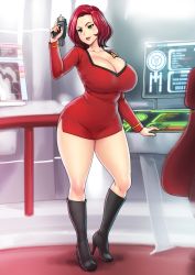 Rule 34 | 1girl, boots, breasts, cleavage, commission, curvy, dress, erkaz, full body, green eyes, hand up, high heel boots, high heels, highres, huge breasts, long sleeves, medium hair, original, parted lips, phaser, red dress, red hair, shadow, short dress, solo, standing, star trek, thick thighs, thighs, wide hips