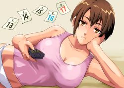 Rule 34 | 1girl, bored, breasts, brown hair, calendar, large breasts, lying, original, short hair, solo, tomoshiki