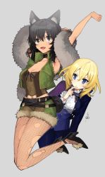 Rule 34 | 2girls, andou (girls und panzer), animal ear fluff, animal ears, arm behind head, armpits, arms up, belt, black belt, black collar, black footwear, black hair, blonde hair, blue eyes, blue vest, breasts, brown eyes, brown shirt, cleavage, closed mouth, collar, commentary, cutoffs, dark-skinned female, dark skin, fang, finger to mouth, fishnet legwear, fishnets, frilled collar, frills, fur scarf, girls und panzer, girls und panzer senshadou daisakusen!, green jacket, green shorts, grey background, halloween, high collar, high heels, jacket, kneeling, legs up, light frown, long sleeves, looking at another, looking at viewer, medium breasts, medium hair, messy hair, midriff, multiple girls, navel, neck ribbon, open mouth, oshida (girls und panzer), pants, pantyhose, peeking out, pouch, purple jacket, purple neckwear, purple pants, ribbon, shirt, short shorts, shorts, smile, spiked collar, spikes, sweatdrop, tail, tan (inka), torn clothes, torn legwear, torn sleeves, translated, v-shaped eyebrows, vampire costume, vest, werewolf, white shirt, wolf ears