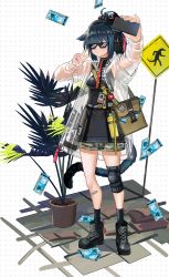 Rule 34 | 1girl, absurdres, animal ears, arknights, bag, black dress, black footwear, black hair, black legwear, boots, camouflage, camouflage shorts, cat ears, cat girl, cat tail, closed mouth, deal with it (meme), dress, earmuffs, full body, green eyes, hamachi hazuki, highres, holding, holding phone, id card, jacket, jessica (arknights), knee pads, lungmen dollar, meme, money, phone, plant, pot, pout, see-through, see-through jacket, selfie, shorts, shoulder bag, signpost, single knee pad, solo, standing, sunglasses, tail, v, white background