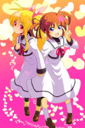 Rule 34 | 2girls, :d, bow, fate testarossa, hair bow, hair ribbon, holding hands, heart, highres, loafers, lyrical nanoha, mahou shoujo lyrical nanoha, mahou shoujo lyrical nanoha a&#039;s, multiple girls, open mouth, pantyhose, ribbon, school uniform, shoes, smile, sw (taco), takamachi nanoha, twintails, two side up, v