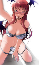 Rule 34 | 1girl, arm up, bare shoulders, bat wings, bespectacled, blush, bra, breasts, chocolate, cleavage, collarbone, demon girl, food in mouth, glasses, groin, head wings, highres, koakuma, large breasts, long hair, looking at viewer, mouth hold, navel, panties, panty pull, pointy ears, red-framed eyewear, red eyes, red hair, simple background, solo, touhou, underwear, underwear only, very long hair, white background, white bra, white panties, wings, yumi (careca398)
