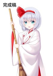 Rule 34 | 1girl, absurdres, aka syouga, alternate costume, blue eyes, bob cut, breasts, broom, hair ribbon, hairband, highres, japanese clothes, kimono, konpaku youmu, miko, red hairband, red ribbon, ribbon, short hair, silver hair, simple background, small breasts, smile, solo, touhou, translation request, white background, white kimono, wide sleeves