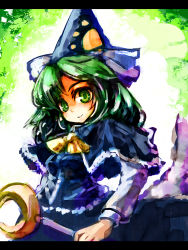 Rule 34 | 1girl, bow, female focus, green eyes, green hair, hat, long hair, mima (touhou), mystic square, solo, standing, touhou, touhou (pc-98), ukyo rst, wizard hat