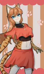 Rule 34 | 1girl, blue eyes, breasts, brown hair, character request, closed mouth, copyright request, crop top, fang, fang out, furry, furry female, highres, jewelry, long hair, midriff, navel, necklace, red skirt, short sleeves, simple background, skirt, solo, tail, thick eyebrows, tiger girl, tp10
