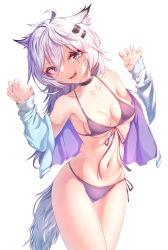 Rule 34 | 1girl, :d, absurdres, animal ears, arknights, bare shoulders, bikini, black choker, breasts, choker, claw pose, commentary request, cowboy shot, dongkas, front-tie bikini top, front-tie top, grey bikini, grey eyes, groin, hair between eyes, hair ornament, hairclip, hands up, highres, jacket, korean commentary, lappland (arknights), long hair, looking at viewer, medium breasts, navel, off shoulder, open clothes, open jacket, open mouth, scar, scar across eye, scar on face, silver hair, simple background, smile, solo, standing, stomach, swimsuit, tail, thighs, v-shaped eyebrows, white background, wolf ears, wolf tail
