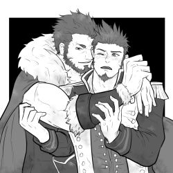 Rule 34 | 2boys, armor, armored dress, arms around neck, arms at sides, arms up, atis (barareiner), bara, beard, biceps, blush, cape, collared shirt, commission, couple, crossed arms, epaulettes, facial hair, fate/grand order, fate/zero, fate (series), fur collar, greyscale, hand on another&#039;s arm, heads together, highres, iskandar (fate), leather, long sideburns, long sleeves, looking at another, male focus, military, military uniform, monochrome, multiple boys, muscular, napoleon bonaparte (fate), one eye closed, open mouth, outstretched arms, shirt, sideburns, simple background, smile, t-shirt, uniform, yaoi