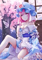 Rule 34 | 1girl, absurdres, bare shoulders, blue dress, blue hat, breasts, bug, butterfly, cherry blossoms, cleavage, commentary request, dress, eyelashes, feet out of frame, frilled sleeves, frills, hand up, hat, highres, insect, juliet sleeves, long sleeves, looking at viewer, medium breasts, mob cap, off-shoulder dress, off shoulder, petals, pink eyes, pink hair, puffy sleeves, ramie (ramie541), saigyouji yuyuko, short hair, sitting, solo, touhou, tree, triangular headpiece, veil, wide sleeves