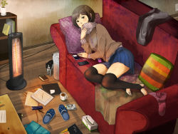 Rule 34 | 1girl, barefoot, black thighhighs, blush, book, bookshelf, brown eyes, brown hair, cat, coffee mug, controller, couch, cup, digital media player, earphones, heater, highres, indoors, ipod, living room, lying, mole, mole under eye, mug, notebook, on side, open mouth, original, pen, pencil, pencil case, pillow, plant, potted plant, red upholstery, remote control, school uniform, shigureteki, short hair, skirt, slippers, socks, solo, space heater, stirrup legwear, table, thighhighs, tissue, tissue box, toeless legwear, toes, trash can, turtleneck, zipper