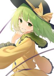 Rule 34 | 1girl, arm up, black hat, finger to face, frilled sleeves, frills, from side, green eyes, green hair, hat, hat ribbon, highres, kanpa (campagne 9), komeiji koishi, long sleeves, looking at viewer, ribbon, shirt, short hair, simple background, solo, standing, touhou, upper body, white background, wide sleeves, yellow shirt