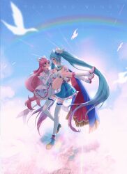 Rule 34 | 2girls, :o, above clouds, absurdres, arm around neck, ascot, ayesha618, backlighting, bird, bloomers, blue cape, blue dress, blue eyes, blue hair, blue sky, blurry, blurry background, blurry foreground, blush, boots, braid, brooch, cape, carrying, center frills, closed mouth, cloud, cure prism, cure sky, cut bangs, day, depth of field, detached sleeves, dress, earclip, earrings, elbow gloves, english text, fingerless gloves, floating, french braid, frilled dress, frills, fringe trim, gloves, green eyes, highres, hirogaru sky! precure, jewelry, light rays, long hair, looking at another, magical girl, multiple girls, nijigaoka mashiro, open mouth, outdoors, pink hair, precure, princess carry, puffy detached sleeves, puffy sleeves, red cape, short dress, side braid, single sidelock, sky, sleeveless, sleeveless dress, smile, sora harewataru, standing, thighhighs, twin braids, twintails, two-sided cape, two-sided fabric, underwear, very long hair, white ascot, white dress, white footwear, white gloves, white thighhighs, wind, wing brooch, wing hair ornament, yuri