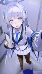Rule 34 | 1girl, absurdres, blue archive, blue necktie, boots, clipboard, collared shirt, elevator, flatshi, formal, from above, grey hair, halo, highres, holding, holding clipboard, id card, indoors, jacket, long hair, looking at viewer, necktie, noa (blue archive), open clothes, open jacket, open mouth, pantyhose, pleated skirt, purple eyes, reaching, reaching towards viewer, shirt, skirt, smile, solo, standing, suit, white jacket, white shirt, white skirt, white suit