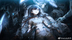 Rule 34 | 1girl, 2others, aged down, black hair, breasts, cable, chinese commentary, commentary, crop top, device, drill, grey shirt, grey shorts, half-closed eyes, highres, long hair, lucia (punishing: gray raven), lying, mechanical arms, mechanical parts, midriff, monitor, multicolored hair, multiple others, official art, official wallpaper, on back, oscilloscope, people, punishing: gray raven, red eyes, restrained, shirt, shorts, sideways glance, small breasts, solo focus, streaked hair, surgeon, surgery, surgical gown, surgical light, swept bangs, tube, upper body, weibo logo, weibo username, wisda