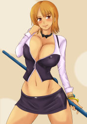 Rule 34 | 1girl, blush, bracelet, breasts, brown eyes, cleavage, cosplay, highres, jewelry, large breasts, looking to the side, momo 765, nami (one piece), navel, one piece, orange hair, rio rollins, rio rollins (cosplay), short hair, skirt, smile, solo, super blackjack