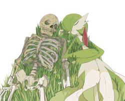 Rule 34 | apios, bone, closed eyes, closed mouth, commentary request, creatures (company), flower, game freak, gardevoir, gen 3 pokemon, grass, highres, lying, nintendo, on back, pokemon, pokemon (creature), simple background, skeleton, skull, white background, white flower
