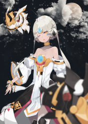 Rule 34 | 1girl, bad id, bad pixiv id, bare shoulders, blurry, blurry foreground, code: empress (elsword), commentary request, cowboy shot, double bun, dress, elsword, eve (elsword), full moon, grey hair, highres, long sleeves, looking at viewer, moby (elsword), moon, off shoulder, one eye closed, parted lips, remy (elsword), short hair, solo, soya (torga), standing, white dress, wide sleeves, yellow eyes