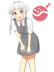 Rule 34 | 1girl, arashi chisato, artist name, artist request, bare legs, belt, blush, bow, bowtie, breasts, buttons, cardigan, collared shirt, double bun, dress, dress shirt, female focus, grey belt, grey shirt, grey skirt, hair bun, hair tie, hands on own knees, highres, long hair, long sleeves, looking at viewer, love live!, love live! superstar!!, miniskirt, neck ribbon, o-ring, o-ring belt, parted lips, plaid, plaid skirt, pleated, pleated skirt, red bow, red eyes, red ribbon, ribbon, school uniform, shirt, skirt, small breasts, smile, solo, twintails, white background, white hair, white shirt, wing collar, yuigaoka school uniform